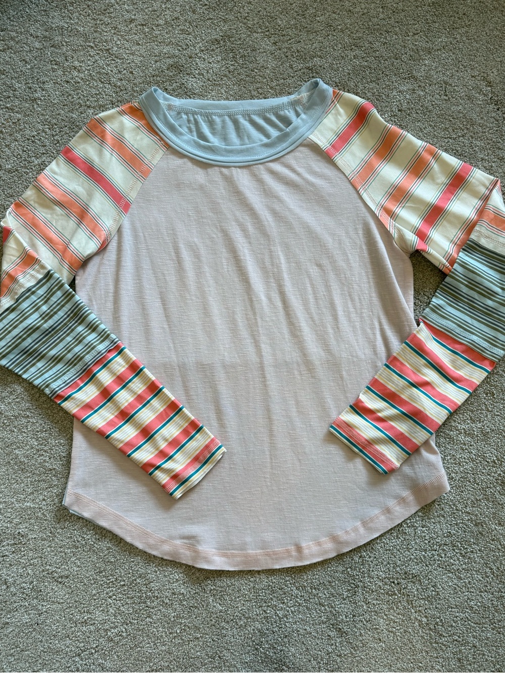 Women’s Size S Colorblock Raglan Tee Pink Blue Multi Stripe Long Sleeve Top NWOT